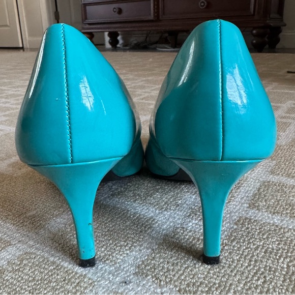 Comfort Plus Patent Round Toe Mid Heel Pumps Office Cocktail Turquoise Blue 11W - Picture 7 of 9